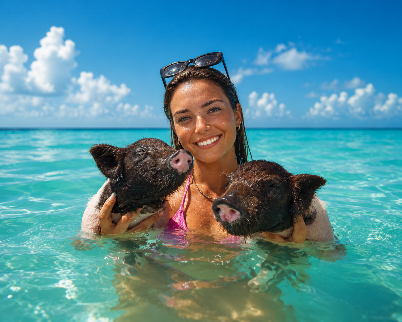 Guest with a swimming pig in the shallows