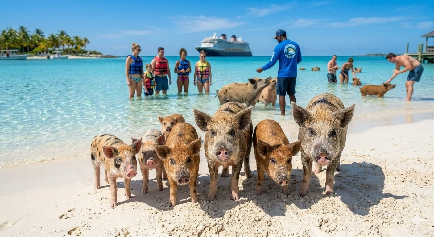 Swimming pigs gathered on the sandy shoreline at Treasure Island.