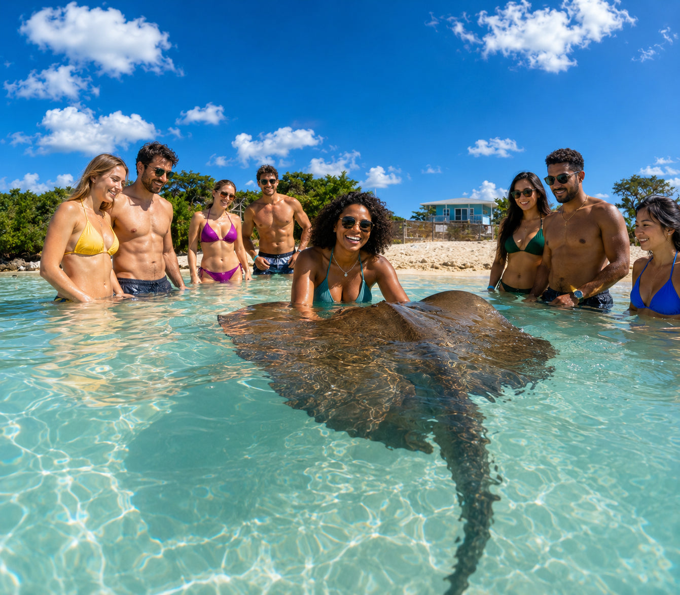 Guest meeting southern stingrays in clear shallow water